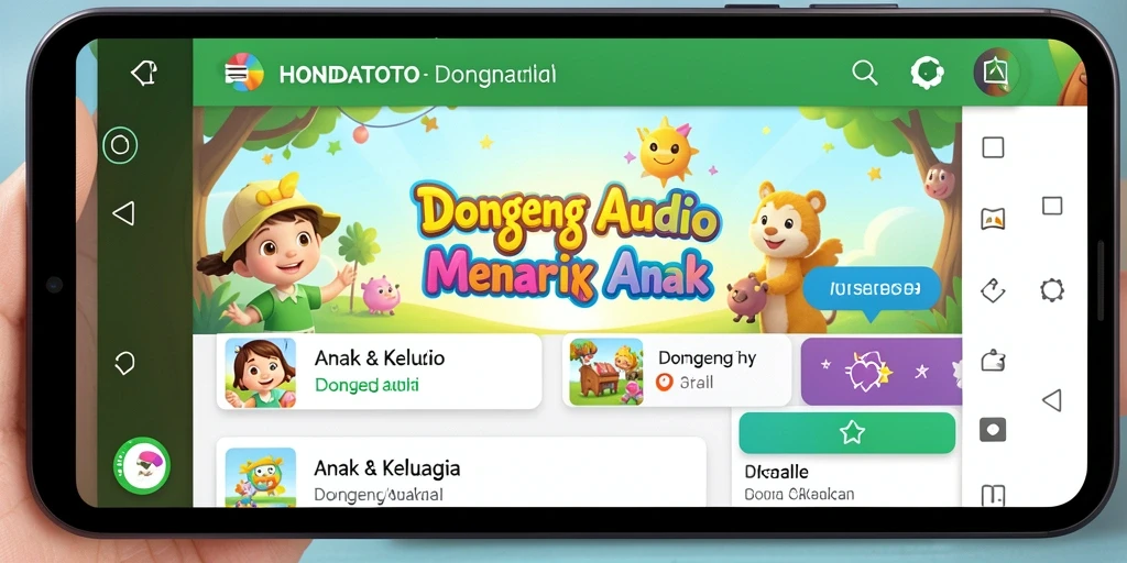 Antarmuka HONDATOTO yang ramah anak dengan pilihan dongeng audio.